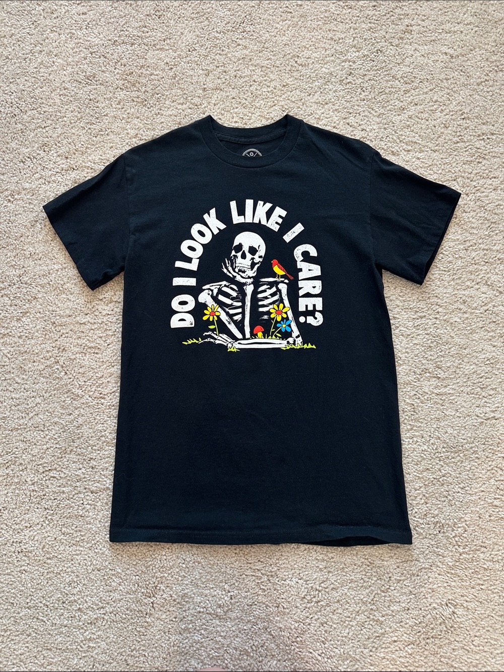 Black Short Sleeve Graphic Tee with Skeleton 'Do I Look Like I Care?'